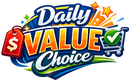 A colorful graphic logo reading 'Daily Value Choice' with a red price tag, orange stars, and a shopping cart with a green checkmark on a white background.